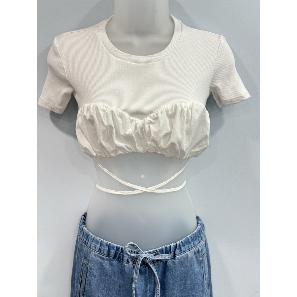 Zara White Crop Top Wrap Tie Bustier Corset Style Cotton Tee S Y2K